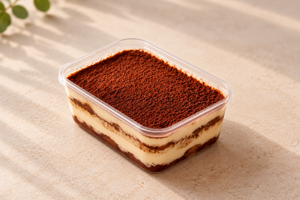 Homemade coffee tiramisu by Koi, with cocoa topping and creamy biscuit layers