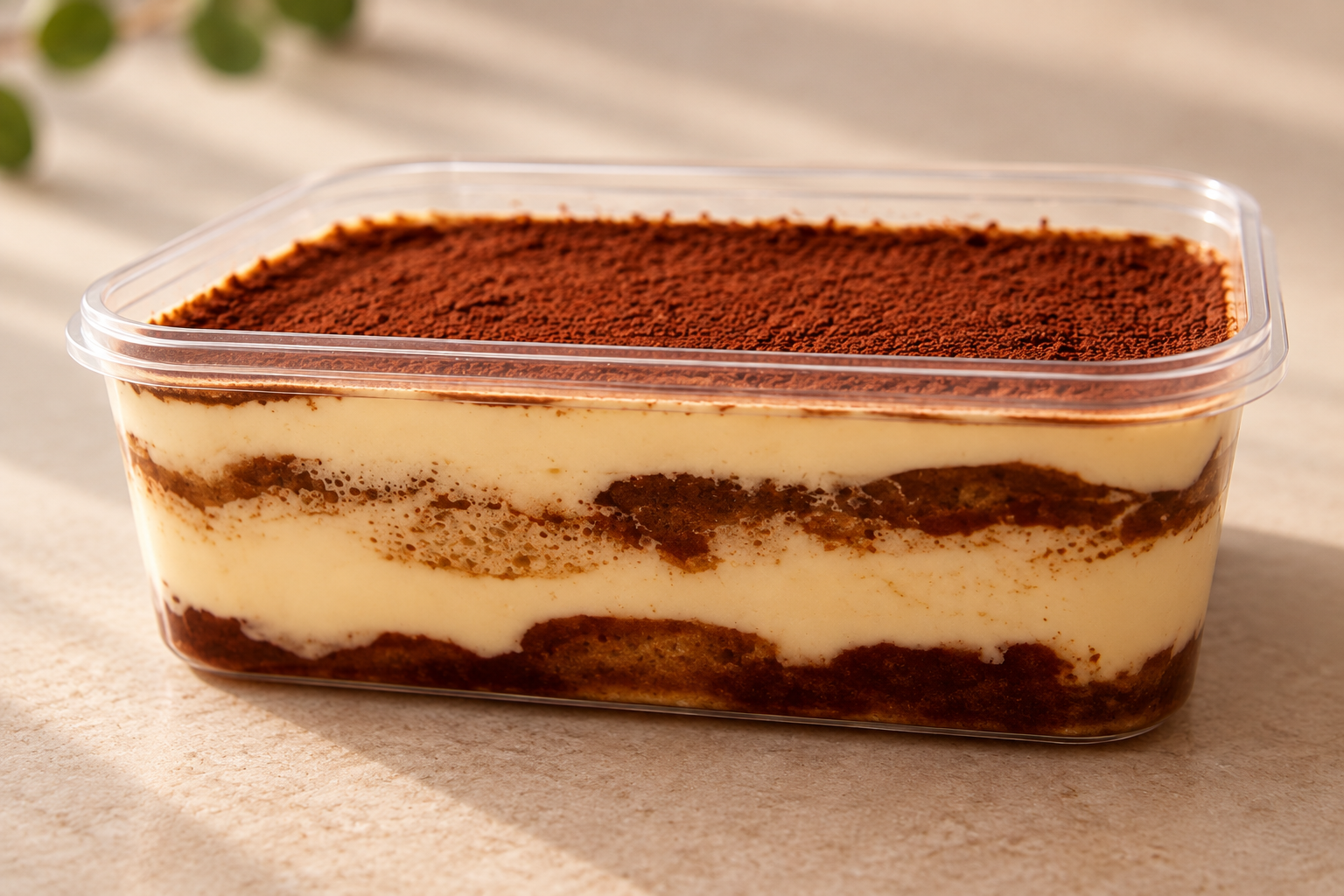 Close side view of the mascarpone cream and coffee-soaked biscuit layers