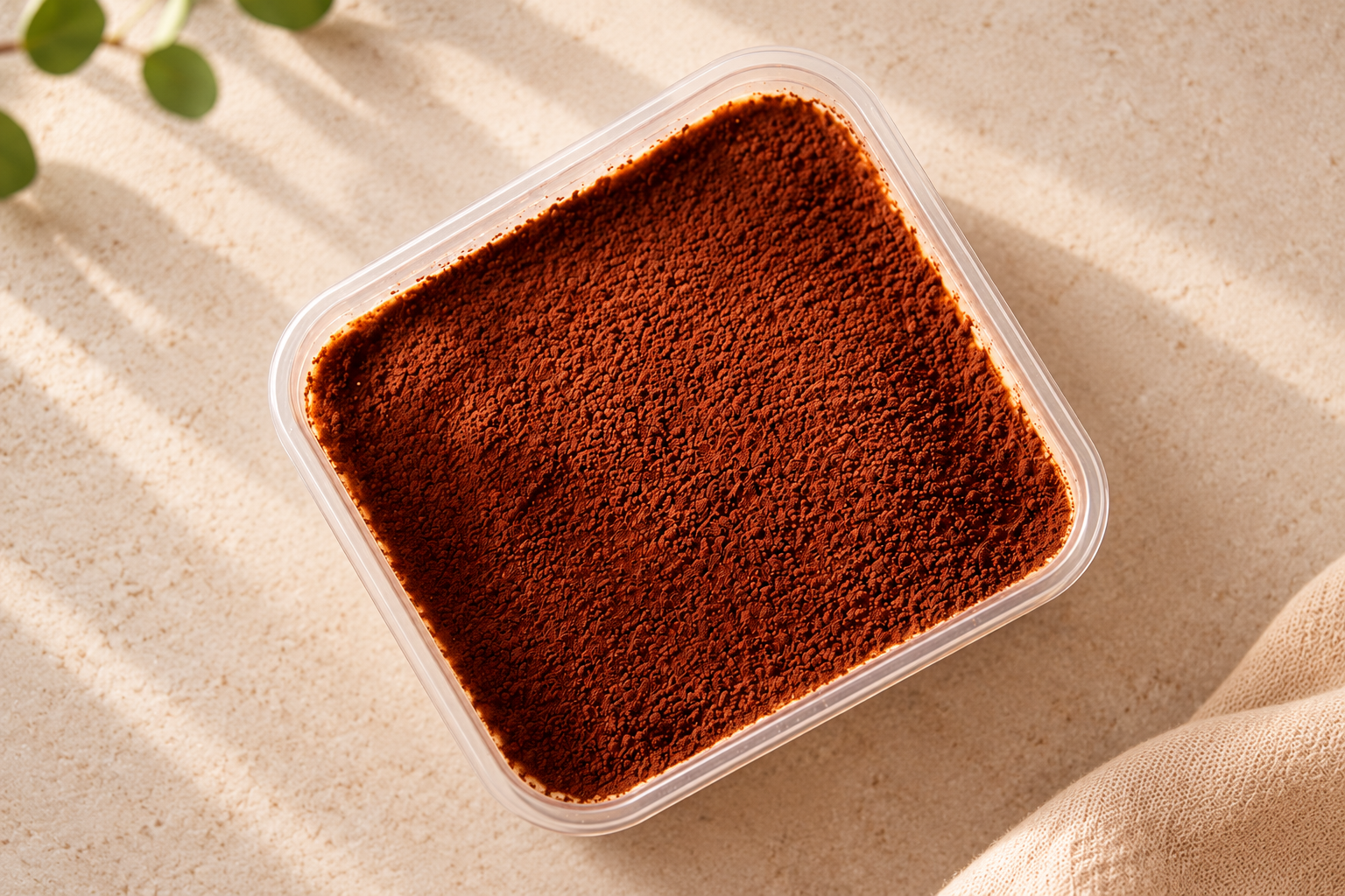 Overhead view of the cocoa-dusted tiramisu and clear rectangular rim