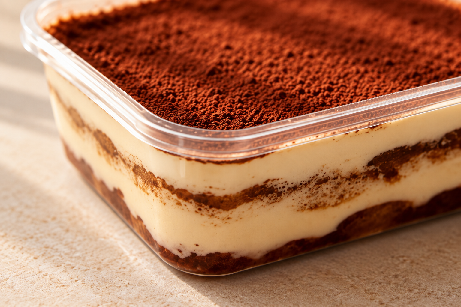 Close detail of a curved container corner with cocoa, cream and biscuit layers