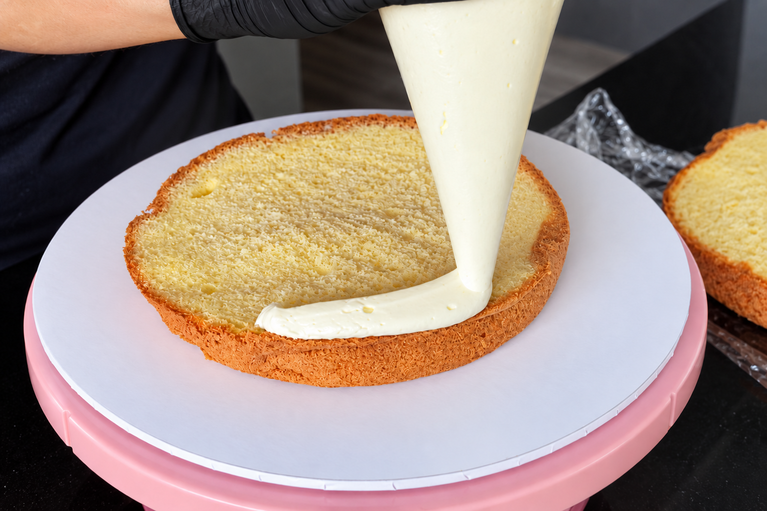 Piping cream onto the first sponge layer