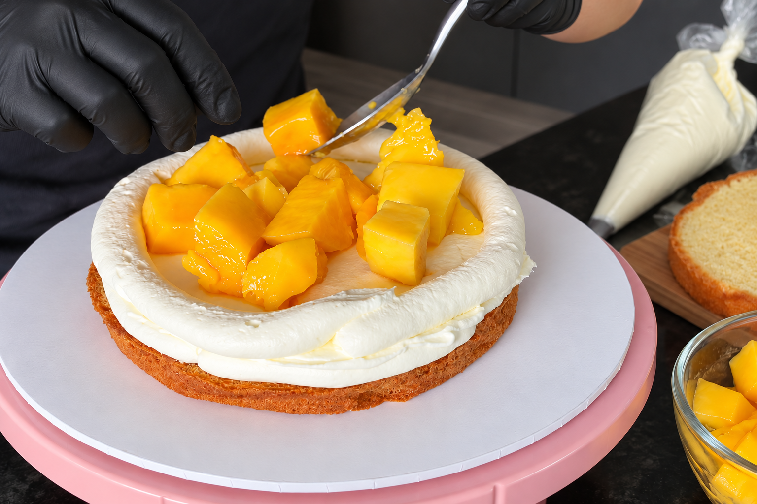 Adding fresh mango to the cream