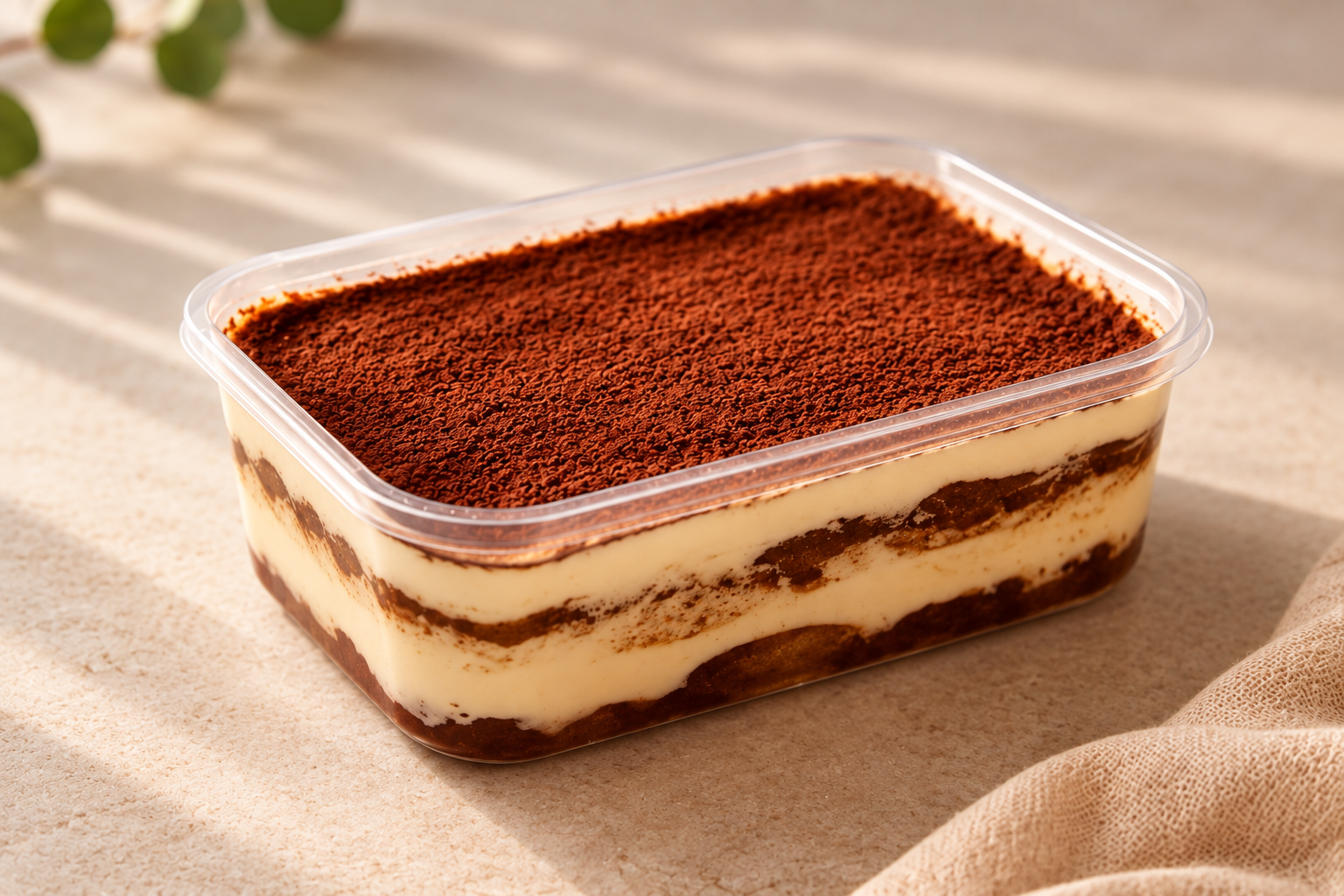 The whole tiramisu viewed from its short end on a warm beige surface