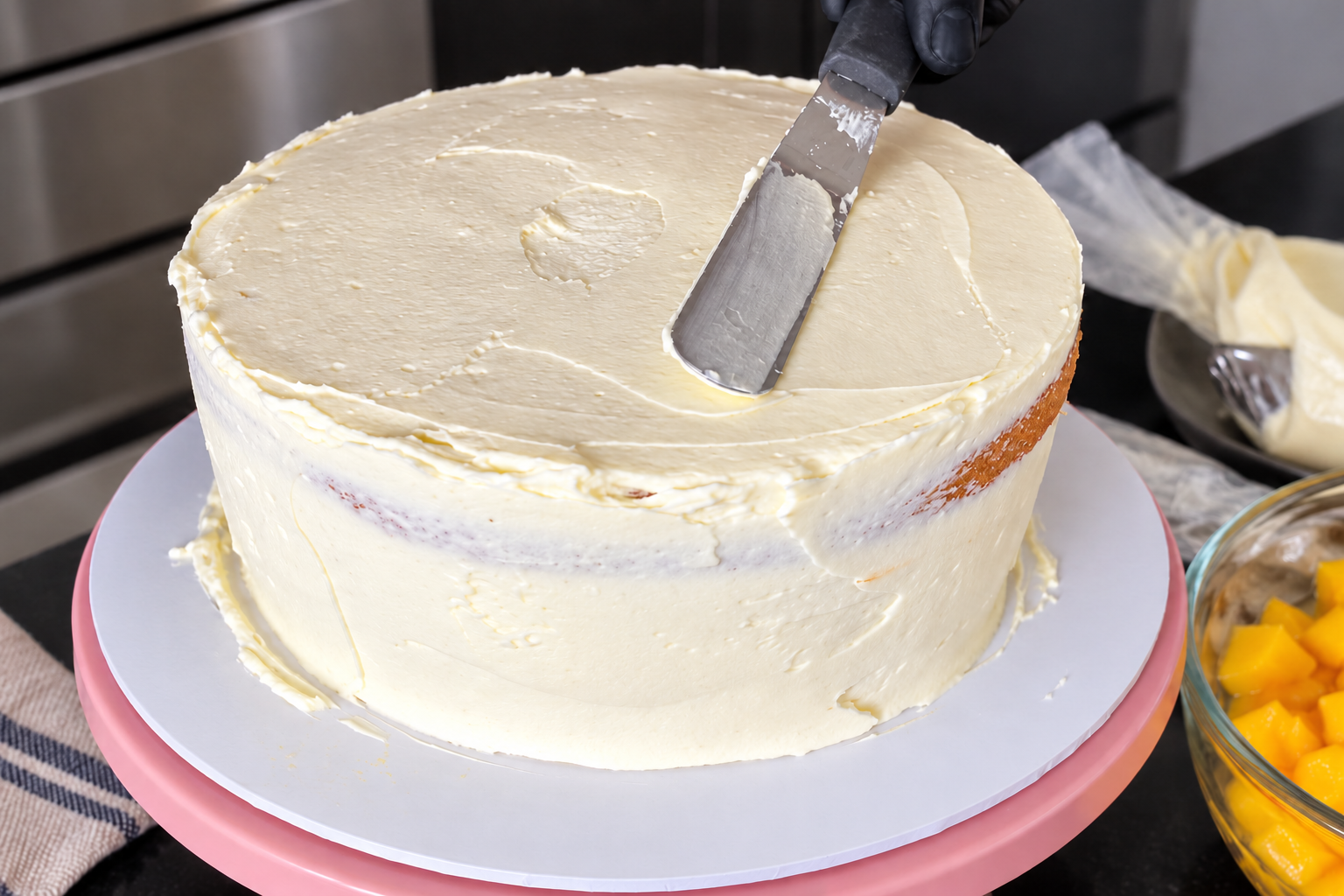 Smoothing cream over the assembled cake