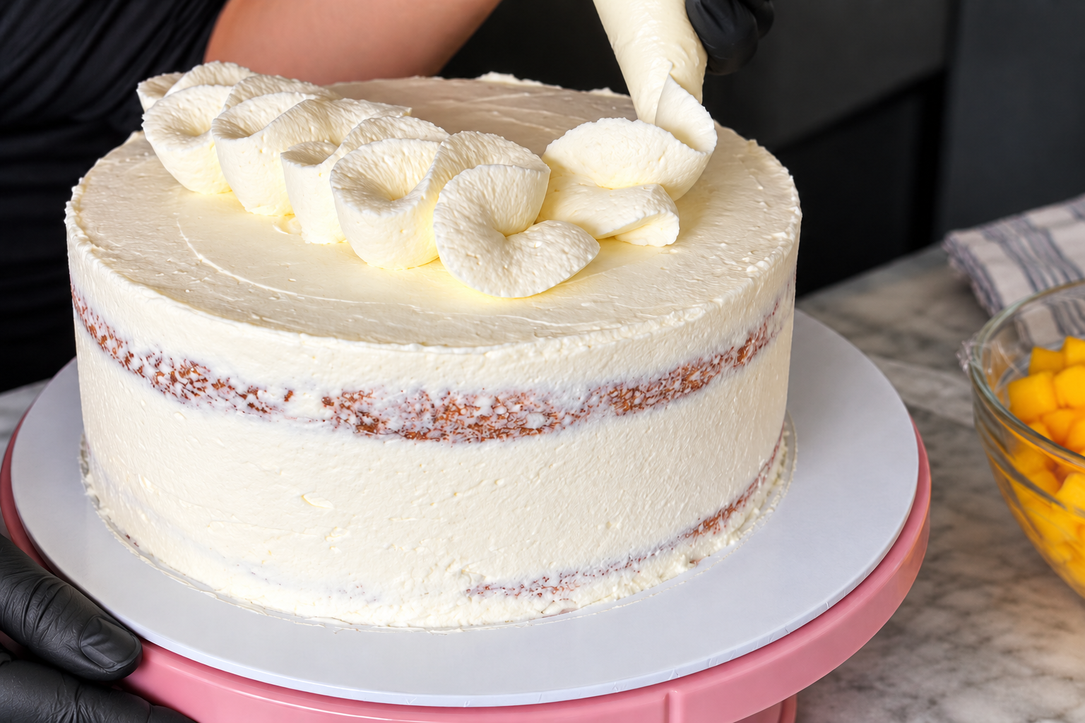 Piping cream decorations on top
