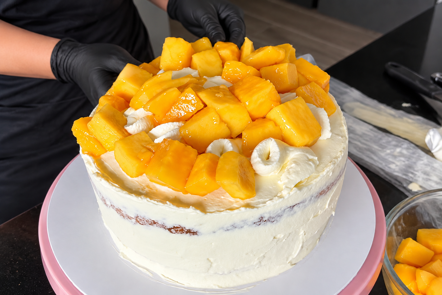 Finishing the cake with mango pieces