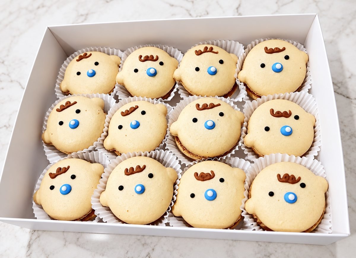 Boxed set of twelve cream macarons piped as baby faces with brown hair curls and blue dummies, for a baby shower