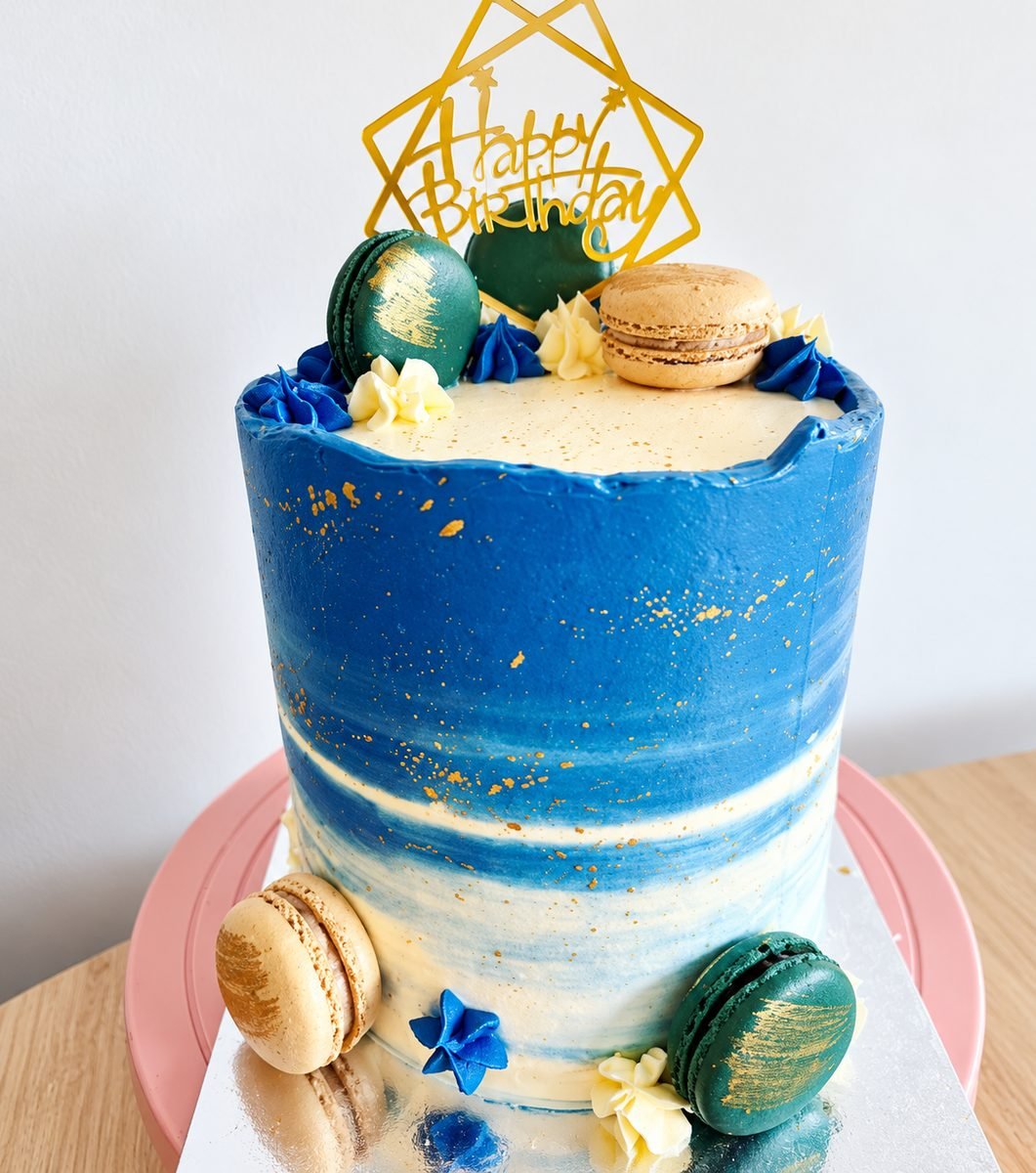 Tall blue and cream marbled buttercream cake flecked with gold, topped with teal and caramel macarons and a gold Happy Birthday topper