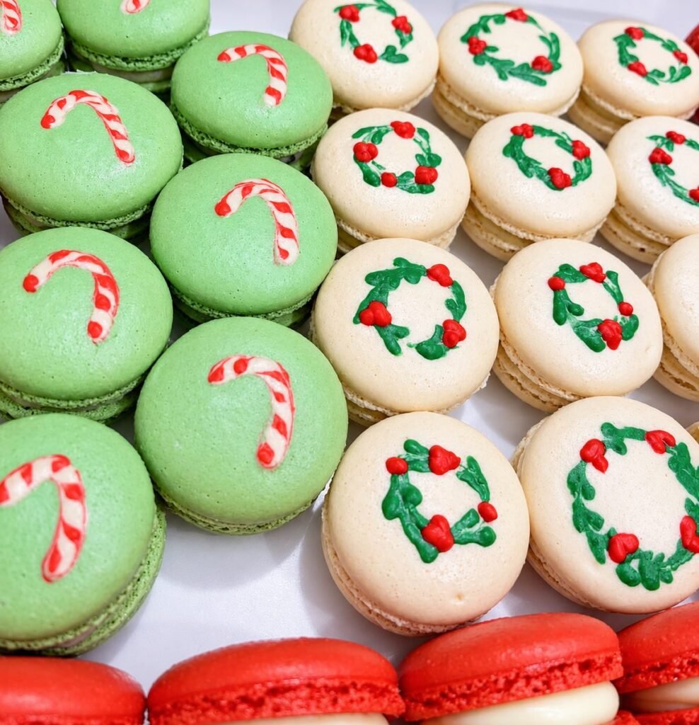 Green macarons piped with candy canes beside cream macarons piped with holly wreaths
