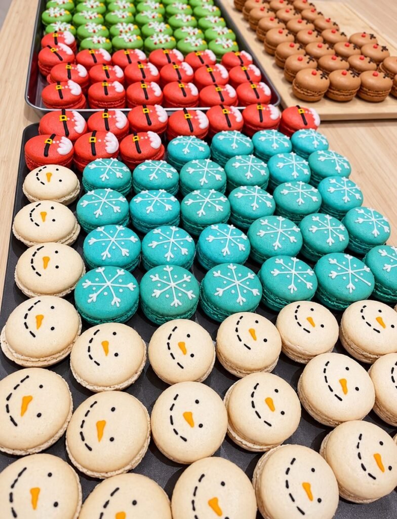 Trays of snowman, snowflake, Santa belt, reindeer and Christmas macarons
