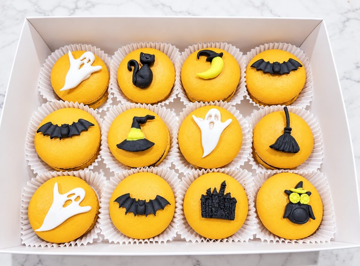 Boxed set of twelve orange Halloween macarons decorated with ghosts, bats, a black cat, a witch hat, a broomstick and a haunted castle