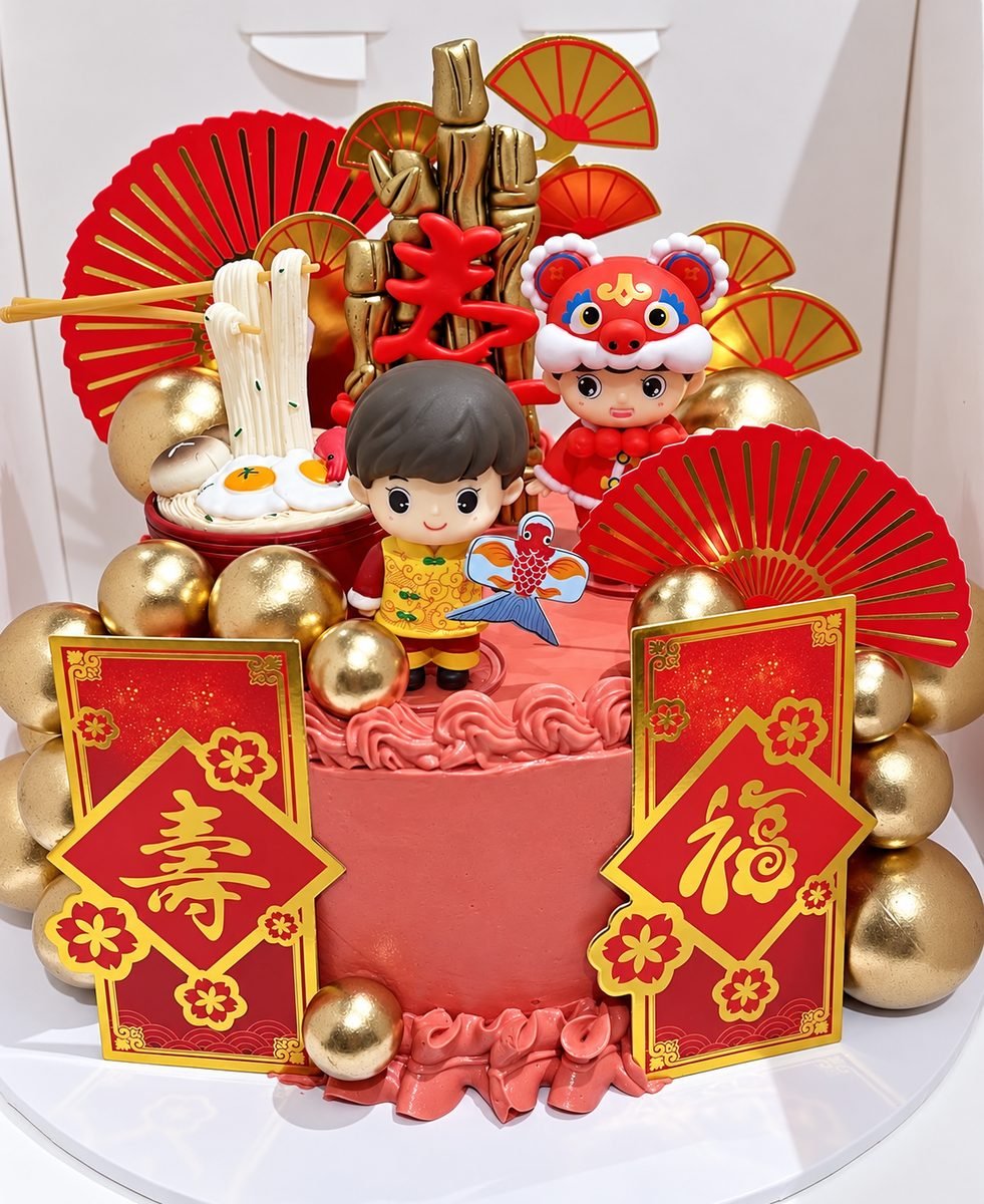 Lunar New Year celebration cake in pink buttercream, topped with gold-and-red folding fans, 壽 and 福 character plaques, a lion-dance figurine and gold spheres