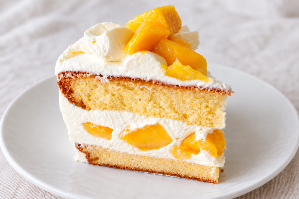 A slice of fresh mango cake with soft sponge, mango pieces and whipped cream filling
