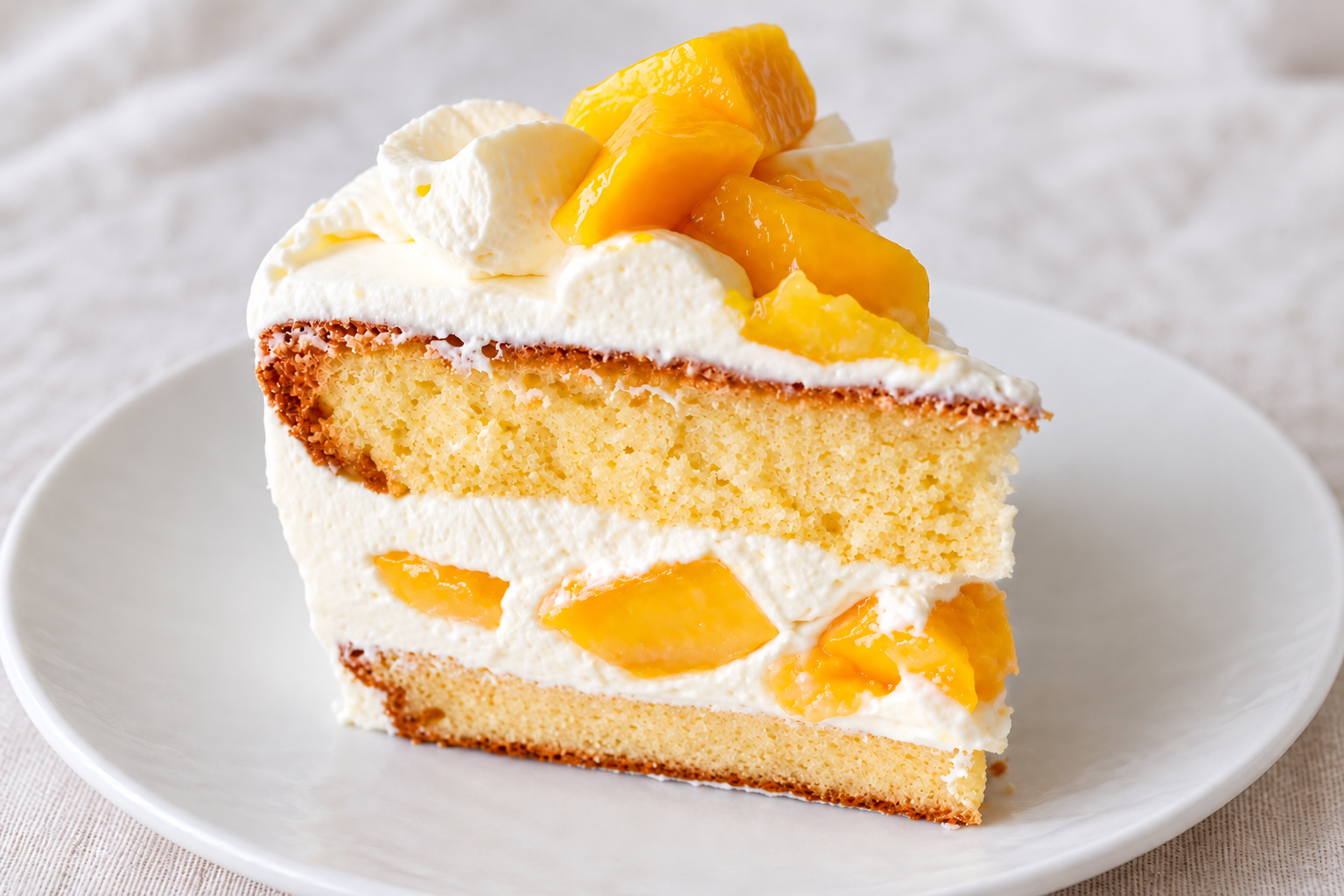 A finished slice showing sponge, cream and mango layers