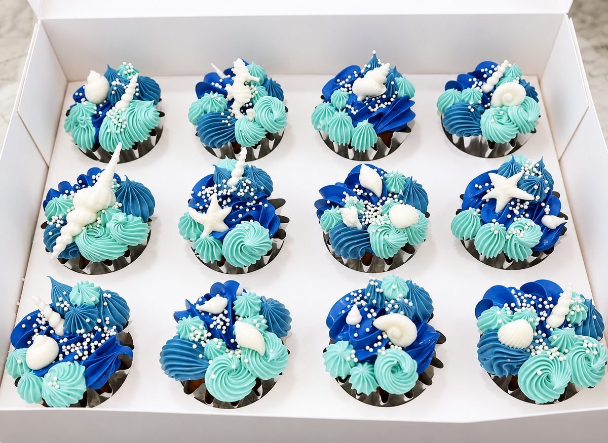 Boxed set of twelve ocean-themed cupcakes swirled in blue and aqua buttercream with white fondant shells, starfish and pearl sprinkles