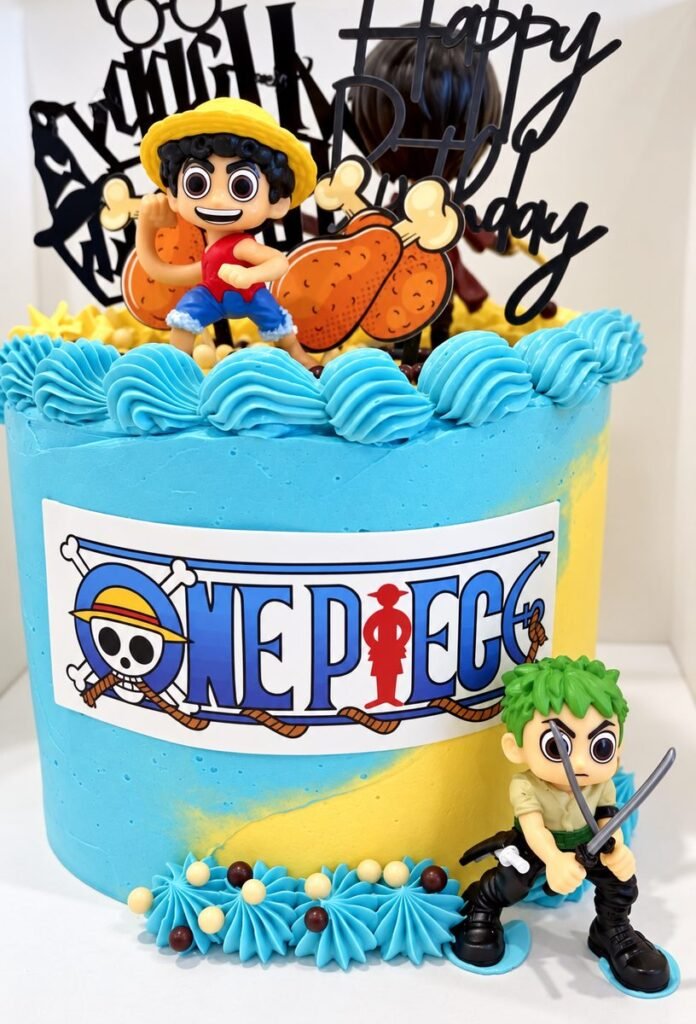 Blue and yellow buttercream birthday cake with a One Piece banner, Luffy and Zoro figures and drumstick toppers
