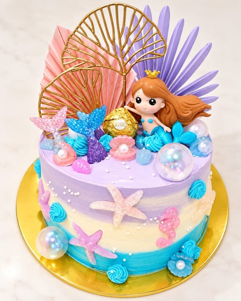 Lilac, cream and aqua buttercream cake with a mermaid princess topper, gold and pastel fan decorations, glitter starfish, pearls and bubbles