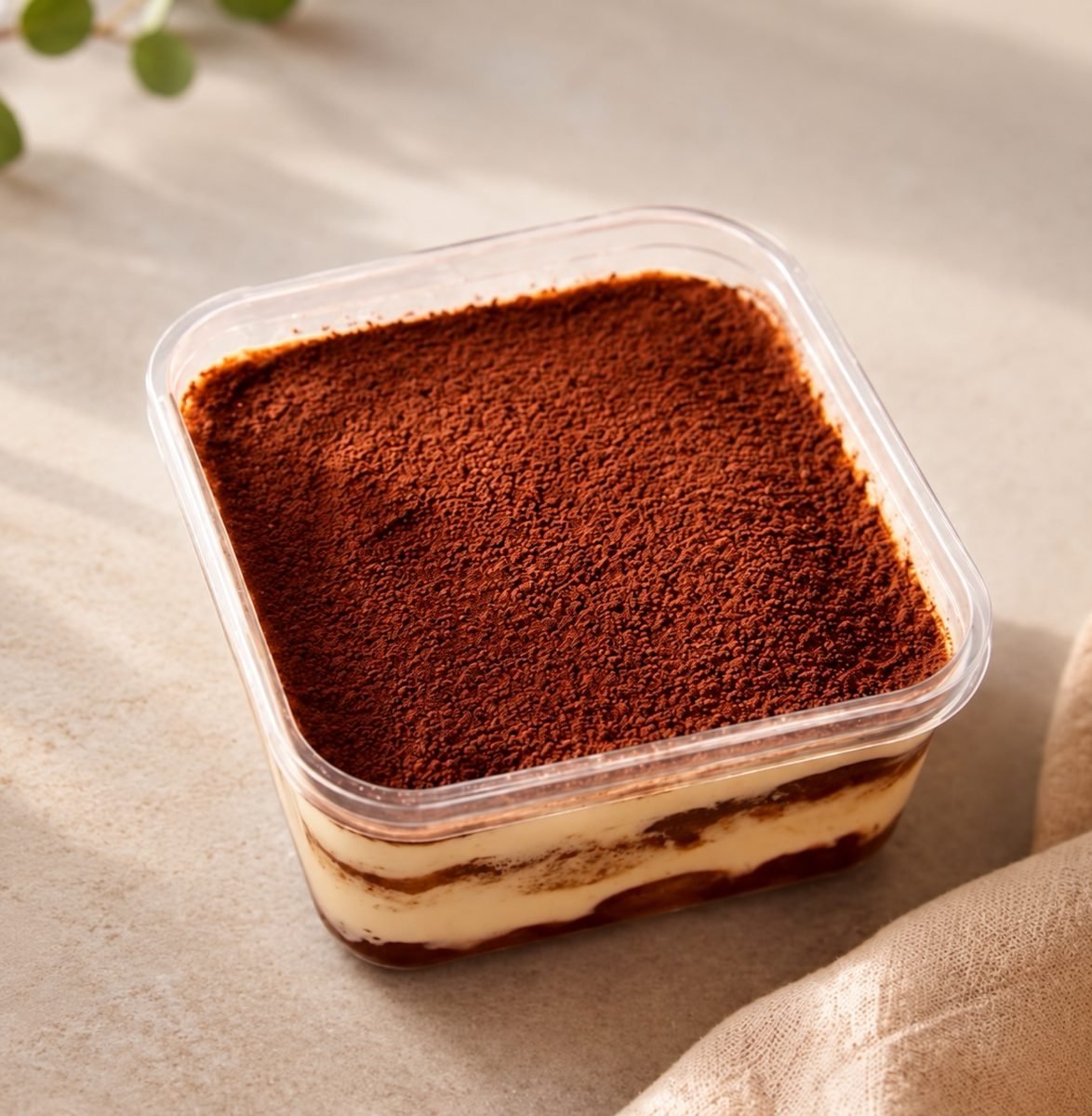 Cocoa-dusted tiramisu in a clear takeaway tub, handmade by Baked by Koi