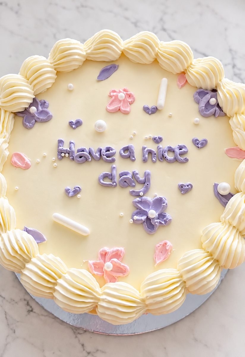Vintage-style cream buttercream cake with scalloped piped border, lilac and pink flowers, sugar pearls and piped Have a nice day lettering