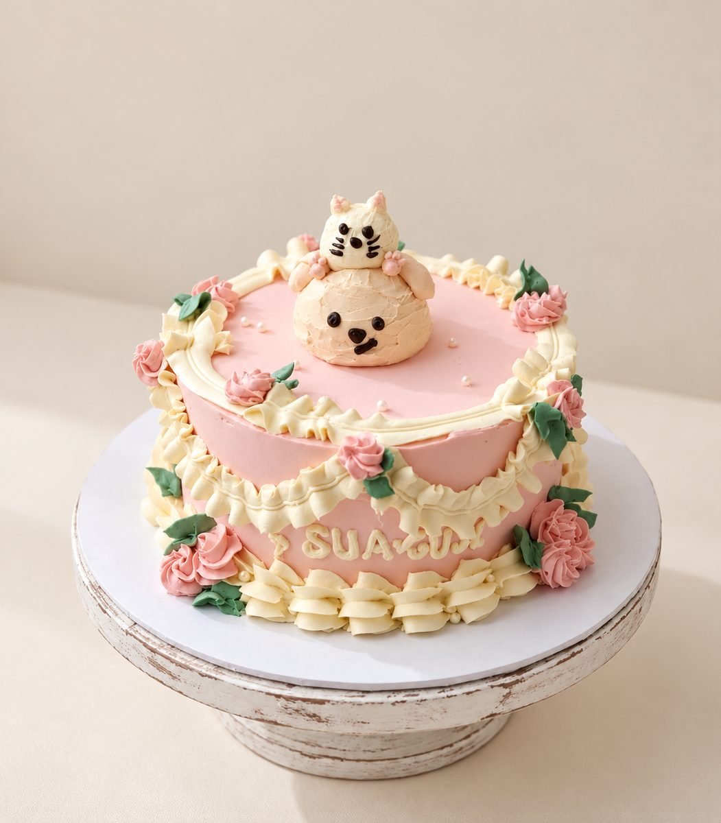 Vintage-style pink cake with cream ruffles, piped roses and a kitten figure sitting on top